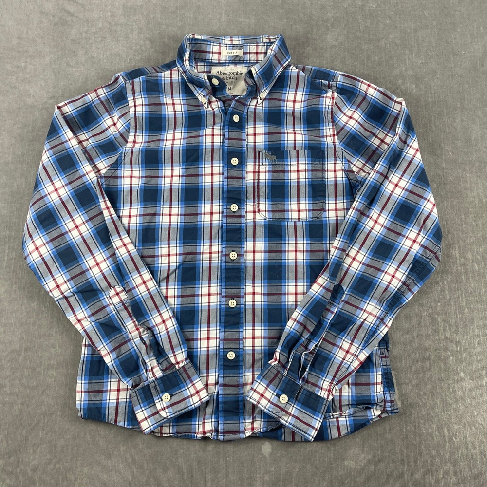 Abercrombie & Fitch Mens M Blue Plaid Button Down Shirt Muscle Fit Logo Pocket
